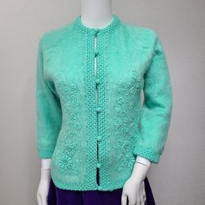Vintage 1960's seafoam green fuzzy mohair cardigan sweater by Full Fashi…